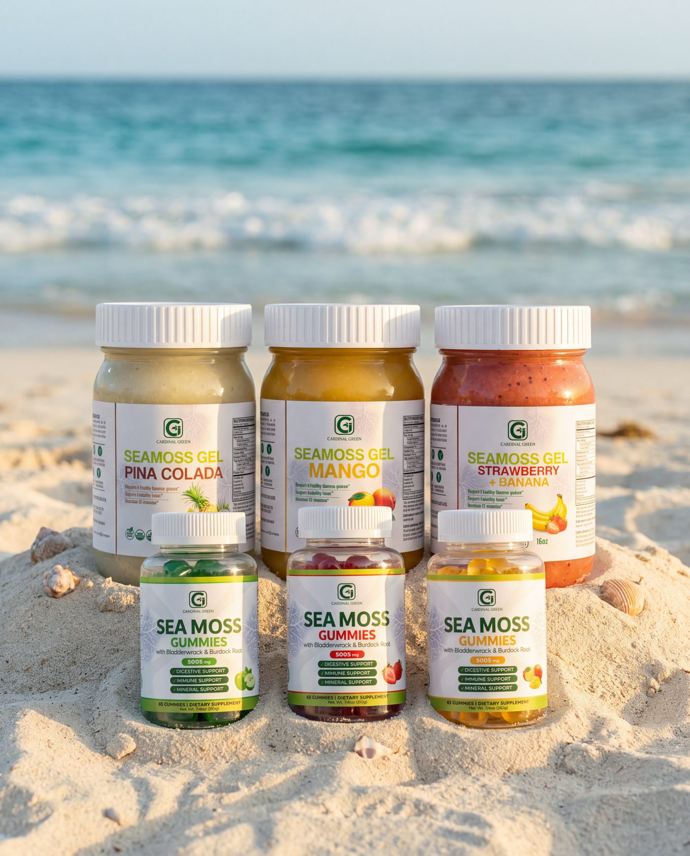 CGI-Green SeaMoss gels and gummies on a sandy beach with turquoise water behind